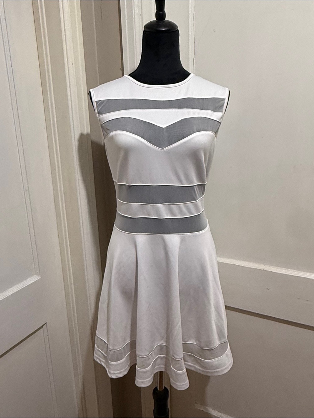 zeagoo White Mini Dress with Gray Mesh Stripes